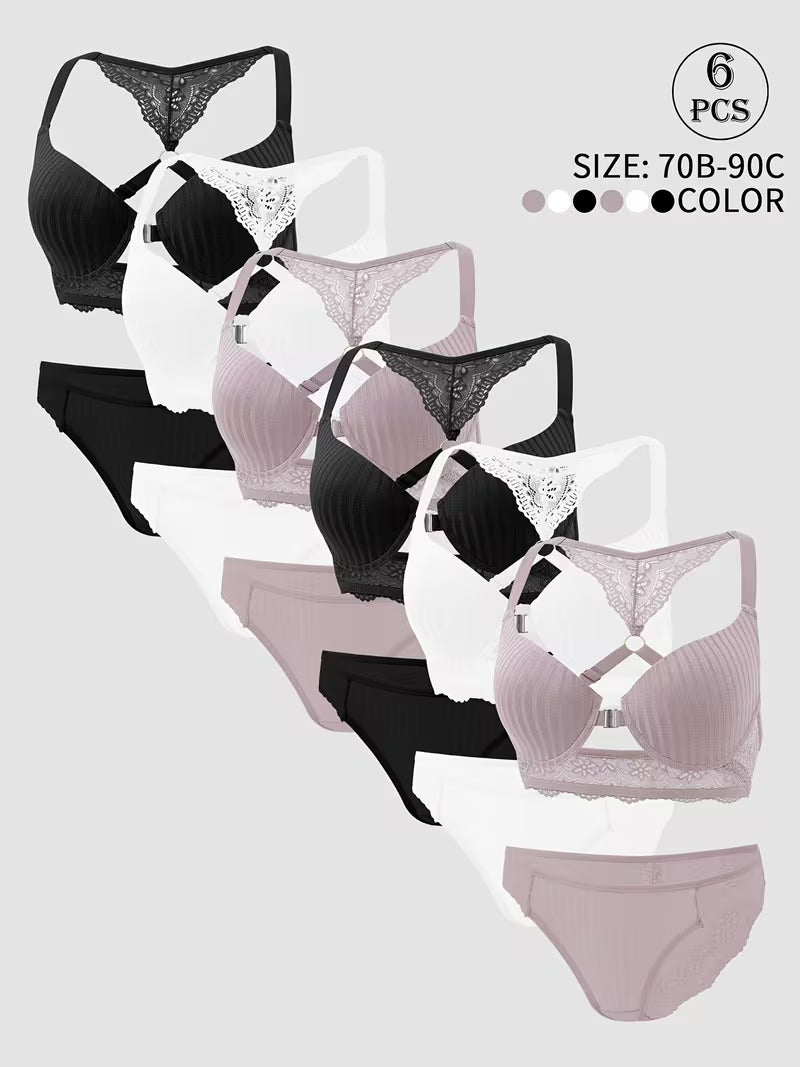 Pack of 6 Women's Bra & Panty Set – Soft Comfortable Everyday Lingerie Combo